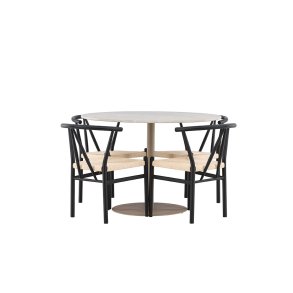 Lycke Essgruppe Tisch Ø110cm und 4 Stühle mit Armlehnen stapelbar beige.