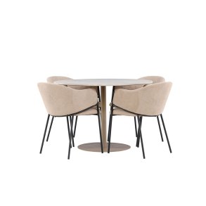 Lycke Essgruppe Tisch Ø110cm und 4 Stühle mit Armlehnen beige.