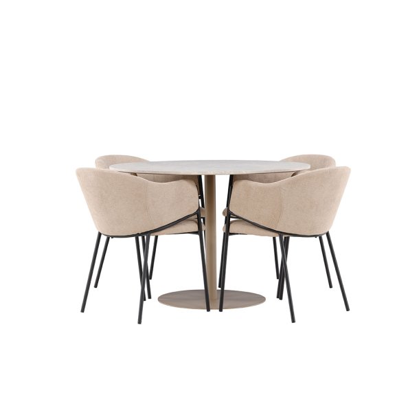 Lycke Essgruppe Tisch Ø110cm und 4 Stühle mit Armlehnen beige.
