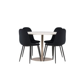Lycke Essgruppe Tisch Ø110cm und 4 Velours Stühle beige.