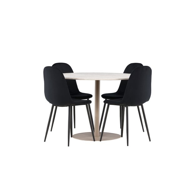 Lycke Essgruppe Tisch Ø110cm und 4 Velours Stühle beige.