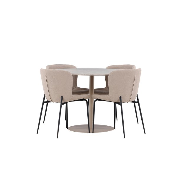 Lycke Essgruppe Tisch Ø110cm und 4 Boucle Stühle beige.
