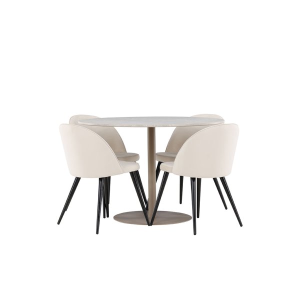 Lycke Essgruppe Tisch Ø110cm und 4 Velours Stühle beige.