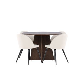 Bootcut Essgruppe Tisch Ø110cm und 4 Velours Stühle mocca.