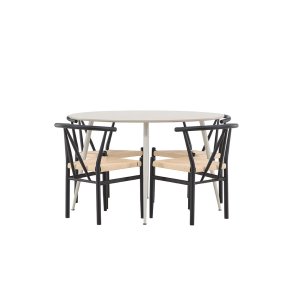 Plaza Essgruppe Tisch Ø120cm und 4 Stühle mit Armlehnen stapelbar beige.