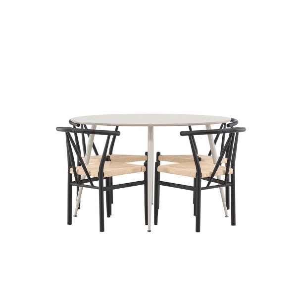 Plaza Essgruppe Tisch Ø120cm und 4 Stühle mit Armlehnen stapelbar beige.