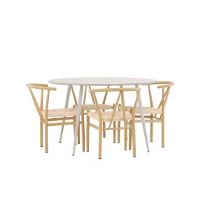 Plaza Essgruppe Tisch Ø120cm und 4 Stühle mit Armlehnen stapelbar beige.