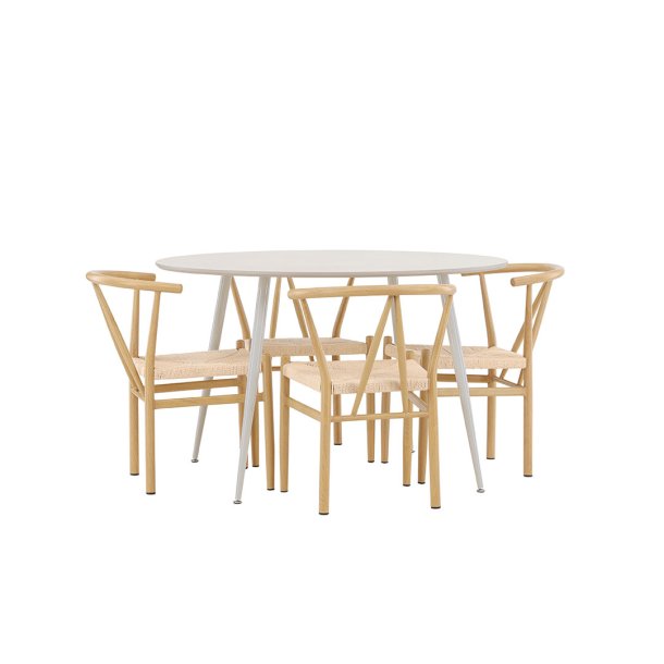 Plaza Essgruppe Tisch Ø120cm und 4 Stühle mit Armlehnen stapelbar beige.
