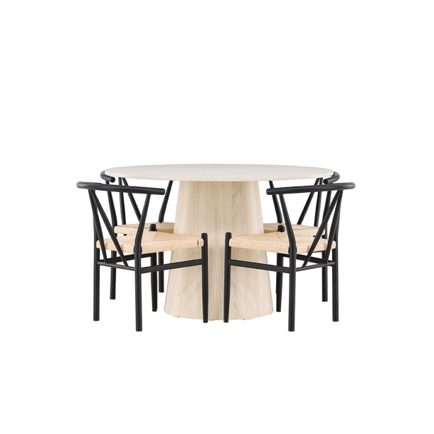 Lanzo Essgruppe Tisch Ø120cm und 4 Stühle mit Armlehnen stapelbar whitewash.