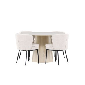 Lanzo Essgruppe Tisch Ø120cm und 4 Boucle Stühle whitewash.