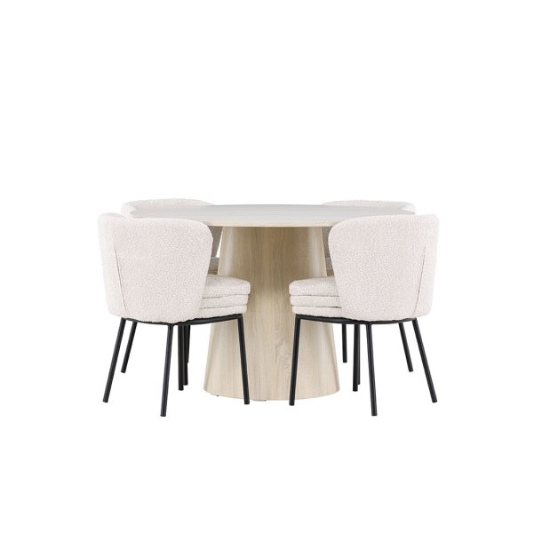 Lanzo Essgruppe Tisch Ø120cm und 4 Boucle Stühle whitewash.