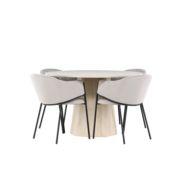 Lanzo Essgruppe Tisch Ø120cm und 4 Velours Stühle mit Armlehnen whitewash.