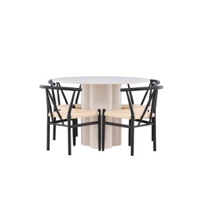 Olivia Essgruppe Tisch Ø110cm und 4 Stühle mit Armlehnen stapelbar beige.