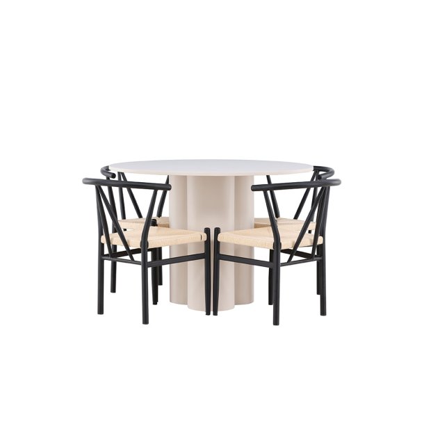 Olivia Essgruppe Tisch Ø110cm und 4 Stühle mit Armlehnen stapelbar beige.