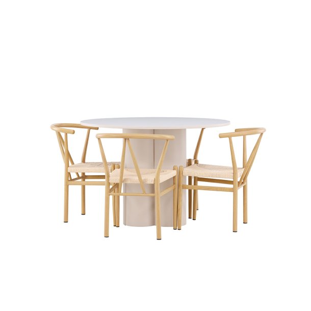 Olivia Essgruppe Tisch Ø110cm und 4 Stühle mit Armlehnen stapelbar beige.