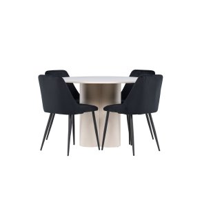 Olivia Essgruppe Tisch Ø110cm und 4 Velours Stühle beige.