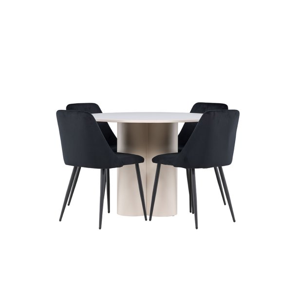Olivia Essgruppe Tisch Ø110cm und 4 Velours Stühle beige.