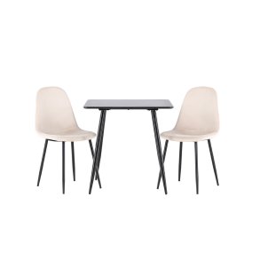 Polar eethoek tafel 75x75cm en 2 velours stoelen zwart.