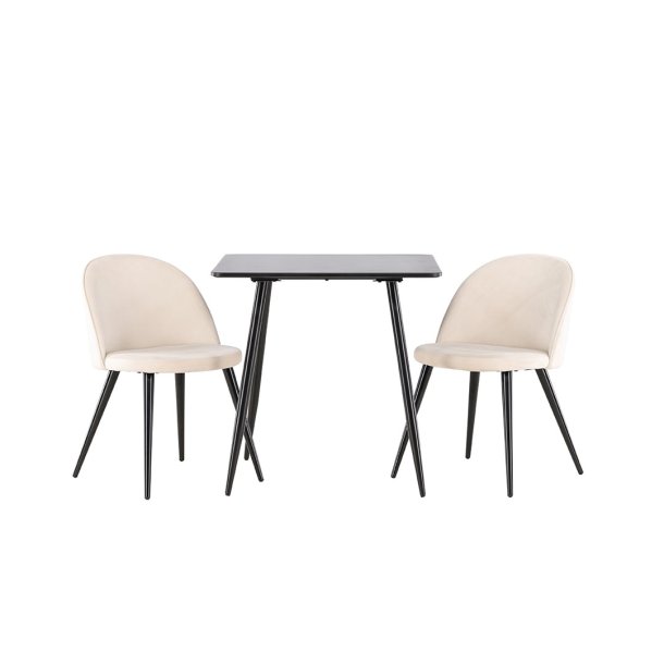 Polar spisegrupper bord 75x75cm og 2 velour stoler svart.