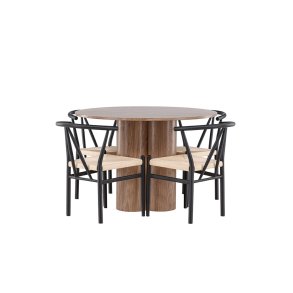 Olivia Essgruppe Tisch Ø110cm und 4 Stühle mit Armlehnen stapelbar braun.