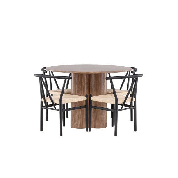 Olivia Essgruppe Tisch Ø110cm und 4 Stühle mit Armlehnen stapelbar braun.