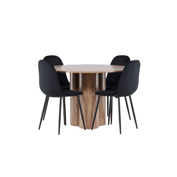 Olivia Essgruppe Tisch Ø110cm und 4 Velours Stühle braun.