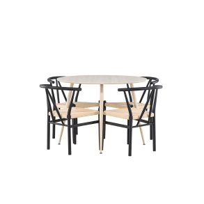 Plaza Essgruppe Tisch Ø100cm und 4 Stühle mit Armlehnen stapelbar whitewash.