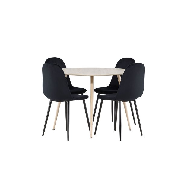 Plaza Essgruppe Tisch Ø100cm und 4 Velours Stühle whitewash.