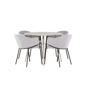 Plaza Essgruppe Tisch Ø100cm und 4 Velours Stühle mit Armlehnen whitewash.