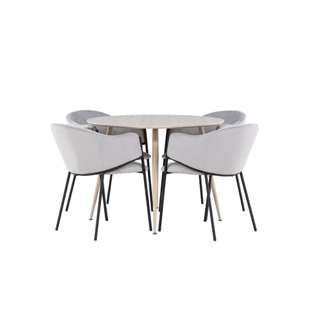 Plaza Essgruppe Tisch Ø100cm und 4 Velours Stühle mit Armlehnen whitewash.