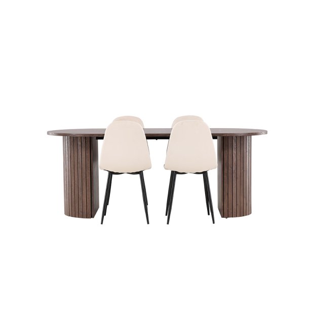 H�r�n eethoek tafel 90x200cm en 4 velours stoelen mocca.