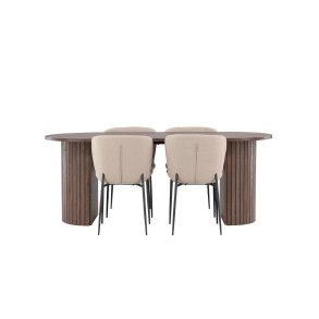 H�r�n eethoek tafel 90x200cm en 4 boucl� stoelen mocca.