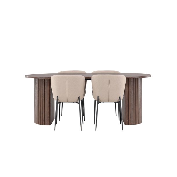 H�r�n eethoek tafel 90x200cm en 4 boucl� stoelen mocca.