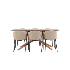 Piazza Essgruppe Tisch 90x180cm und 6 Stühle mit Armlehnen mocca.