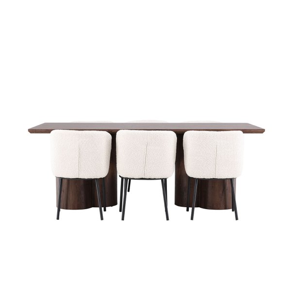 Olivia eethoek tafel 100x210cm en 6 boucl� stoelen mocca.