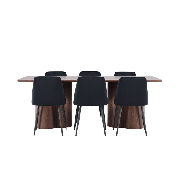 Olivia eethoek tafel 100x210cm en 6 velours stoelen mocca.