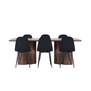 Olivia eethoek tafel 100x210cm en 6 velours stoelen mocca.