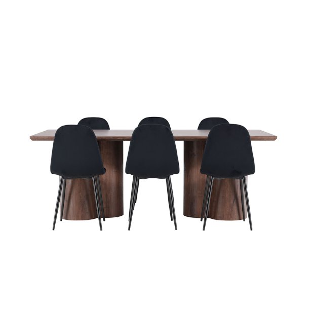 Olivia eethoek tafel 100x210cm en 6 velours stoelen mocca.