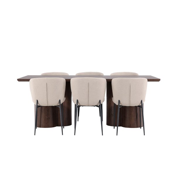 Olivia eethoek tafel 100x210cm en 6 boucl� stoelen mocca.