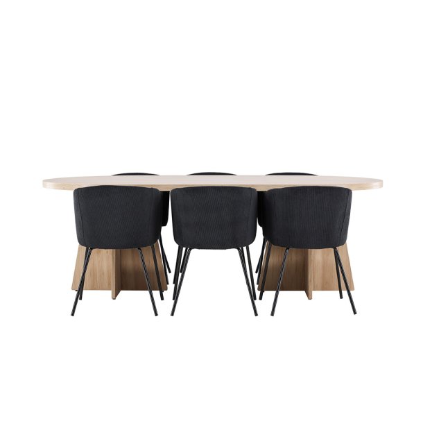 Bootcut Essgruppe Tisch 115x230cm und 6 Velours Stühle mit Armlehnen natur.