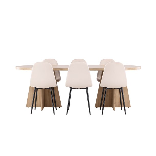 Bootcut Essgruppe Tisch 115x230cm und 6 Velours Stühle natur.