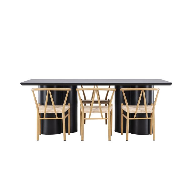 Olivia ensemble pour salle à manger table 100x210cm et 6 chaises avec accoudoirs empilables noir.