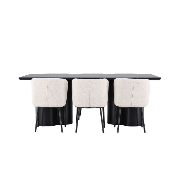 Olivia ensemble pour salle à manger table 100x210cm et 6 chaises bouclé noir.