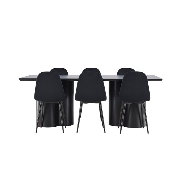Olivia spisebordss�t bord 100x210cm og 6 velour stole sort.
