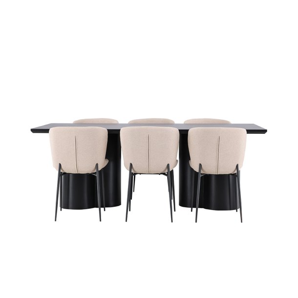 Olivia ensemble pour salle à manger table 100x210cm et 6 chaises bouclé noir.