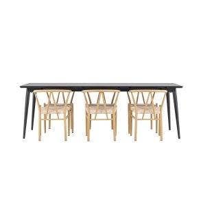 Ellis eethoek tafel 85x230cm en 6 rattan stoelen met armleuningen stapelbaar zwart.