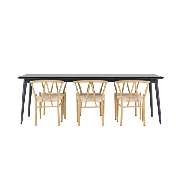 Ellis eethoek tafel 85x230cm en 6 rattan stoelen met armleuningen stapelbaar zwart.