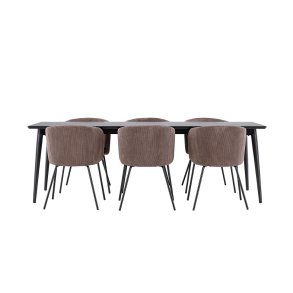 Ellis eethoek tafel 85x230cm en 6 fluwelen stoelen met armleuningen zwart.