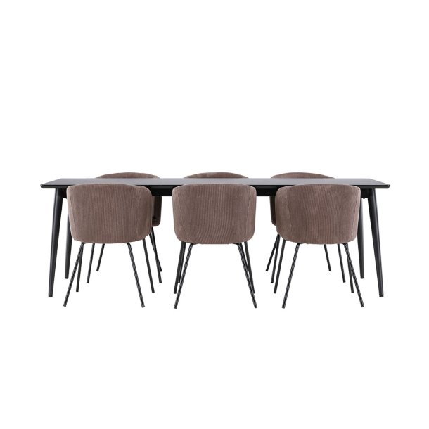 Ellis eethoek tafel 85x230cm en 6 fluwelen stoelen met armleuningen zwart.