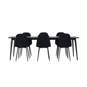 Ellis eethoek tafel 85x230cm en 6 teddy stoelen zwart.
